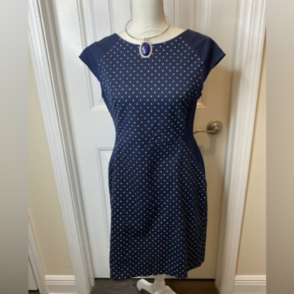 Tommy Hilfiger Navy Blue Polka Dot Sheath Dress Size 12 - Picture 1 of 9